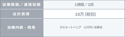 治療期間1週間　通院回数2回　合計費用18万円（税別）　治療内容・費用ラミネートべニア18万円×1本＋消費税